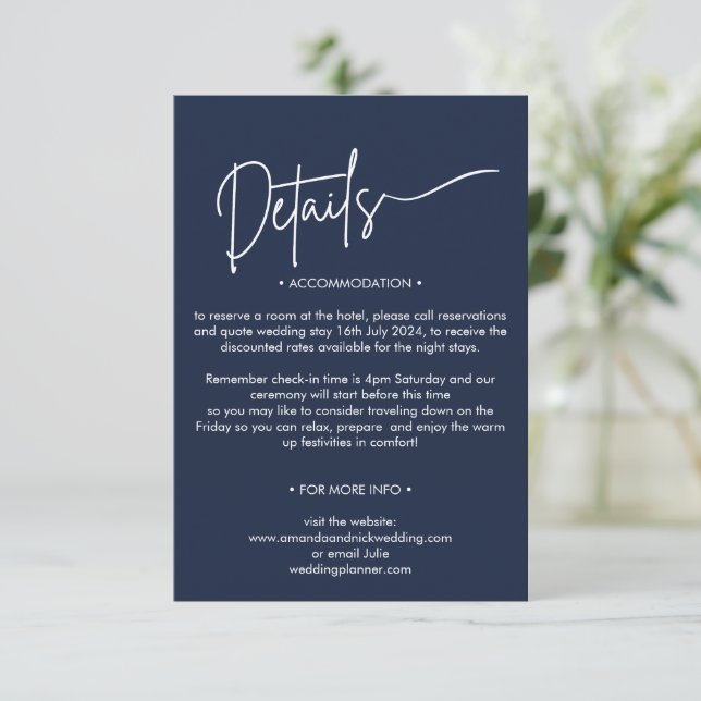 Modern Minimalist Navy Wedding Details  Enclosure Card (Standing Front)
