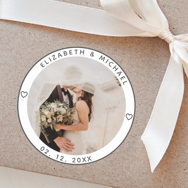 Modern Minimalist Newly Weds Photo Wedding Favour Classic Round Sticker (Creator Uploaded)
