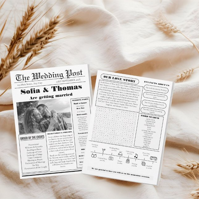 Modern Minimalist Newspaper Wedding Program Invitation (Creator Uploaded)