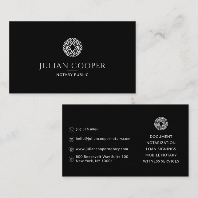 Modern Minimalist Notary Public Black Business Card (Front/Back)