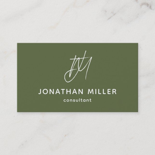 Modern Minimalist Olive Green Monogram Business Card (Front)