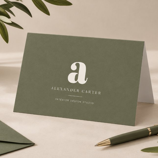 Modern Minimalist Olive Green Monogram Folded Note Card (Creator Uploaded)