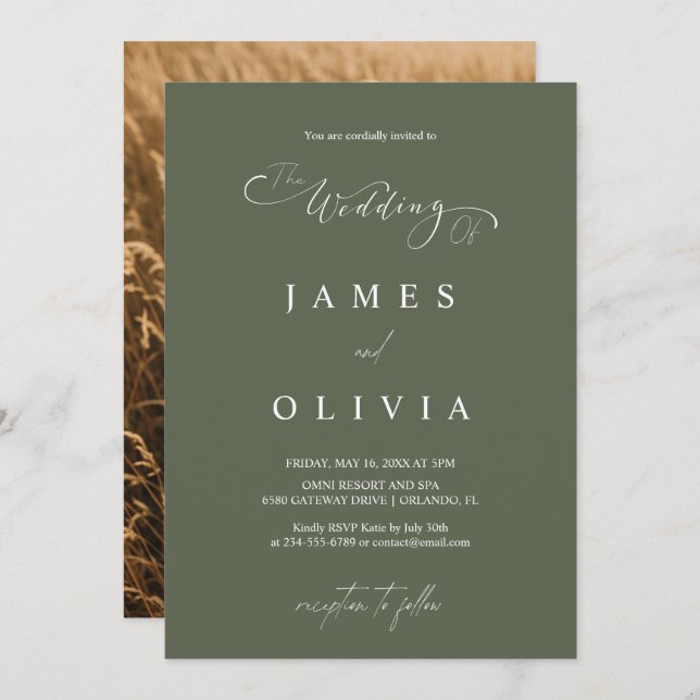 Modern Minimalist Olive Green Photo Wedding Invita Invitation (Front/Back)