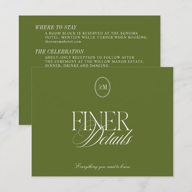 Modern Minimalist Olive Green Wedding Details  Enclosure Card (Front/Back)