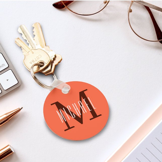 Modern Minimalist Orange Monogram Initial & Name Key Ring (Creator Uploaded)