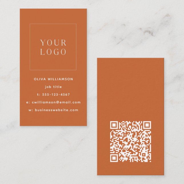 Modern Minimalist Orange Vertical Logo QR Code Business Card (Front/Back)