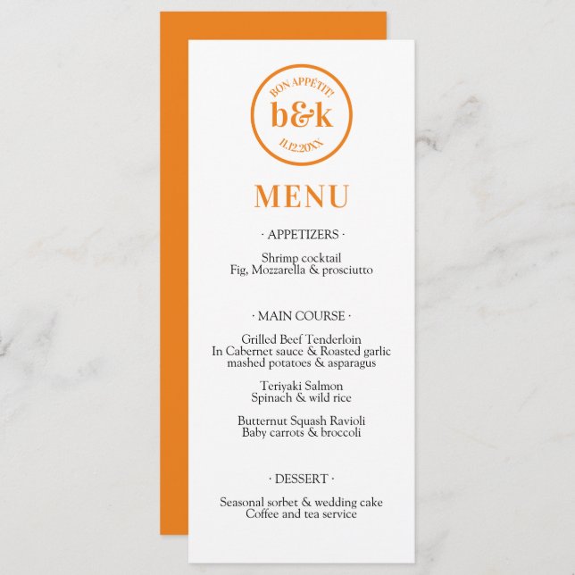 Modern Minimalist Orange Wedding MENU (Front/Back)