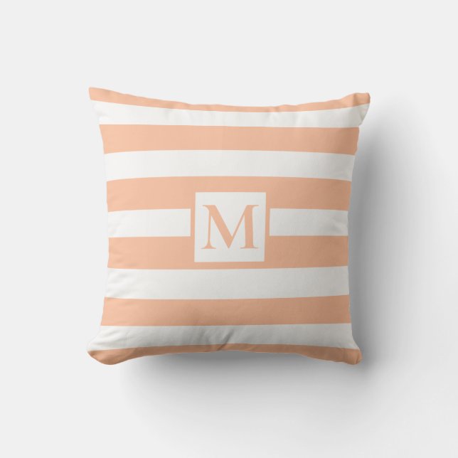 Modern minimalist orange white strips monogram cushion (Front)