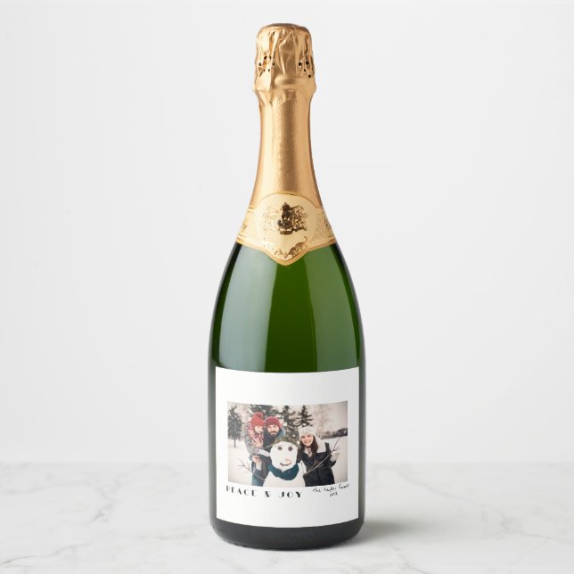 Modern Minimalist Peace & Joy Photo Sparkling Wine Label (Front)
