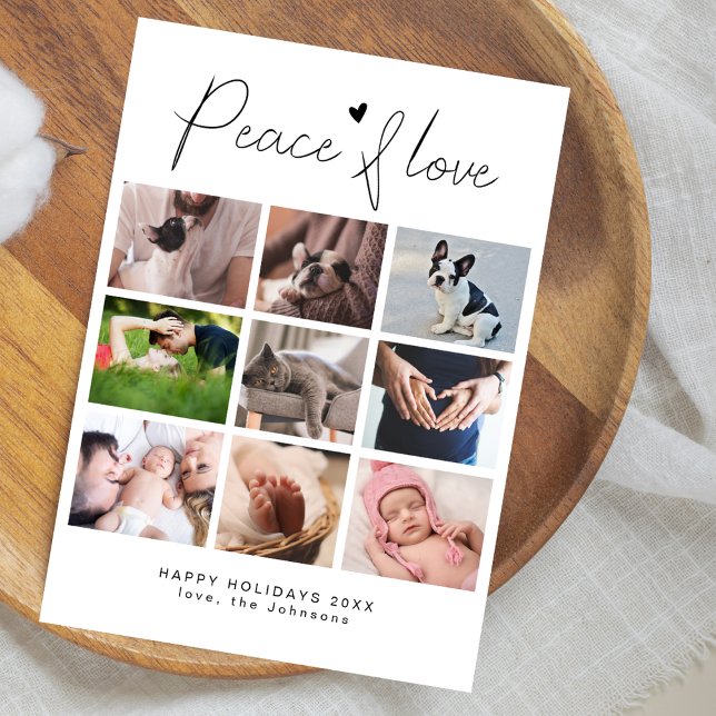 Modern Minimalist Peace & Love Photo Collage Holiday Card (Creator Uploaded)