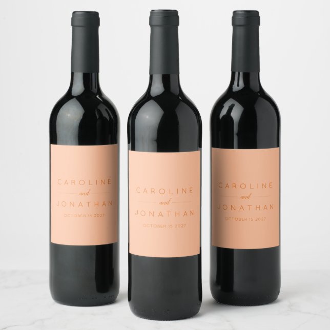 Modern Minimalist Peach Orange Custom Wedding Wine Label (Bottles)