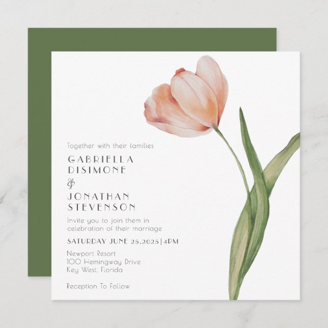 Modern Minimalist Peach Watercolor Tulip Wedding  Invitation (Front/Back)