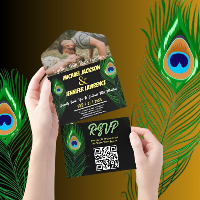 Modern Minimalist Peacock Feather Photo Wedding  All In One Invitation (Creator Uploaded)