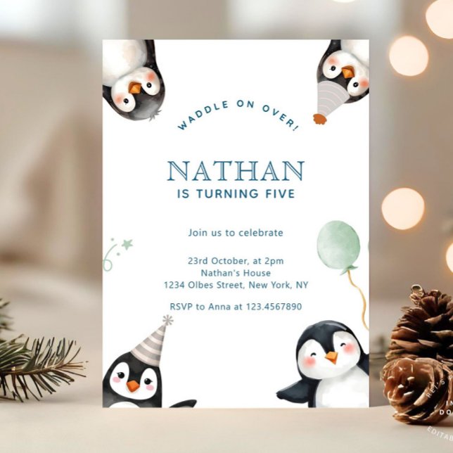 Modern Minimalist Penguin Winter Birthday Party Invitation (winter wonderland birthday, penguin birthday invitation, winter forest mountain, winter birthday, ru)