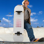 Modern Minimalist Personalised Repeating Name Pink Skateboard<br><div class="desc">Modern,  fun personalised skateboard with lower case serif font repeating name in shades of pale pink to raspberry/magenta on a white background.  A unique personalised gift for yourself,  friend,  or loved one.  The name can have around 7 or 8 letters depending on the letters.</div>