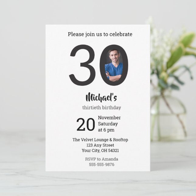 Modern Minimalist Photo 30th Birthday  Invitation (Standing Front)