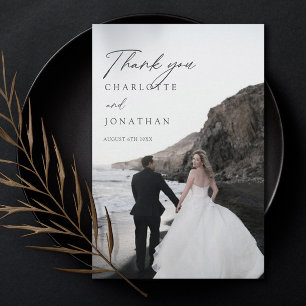 Modern Minimalist Photo Black Wedding Thank You Card
