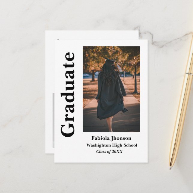 Modern minimalist photo graduation invitation postcard (Front/Back In Situ)