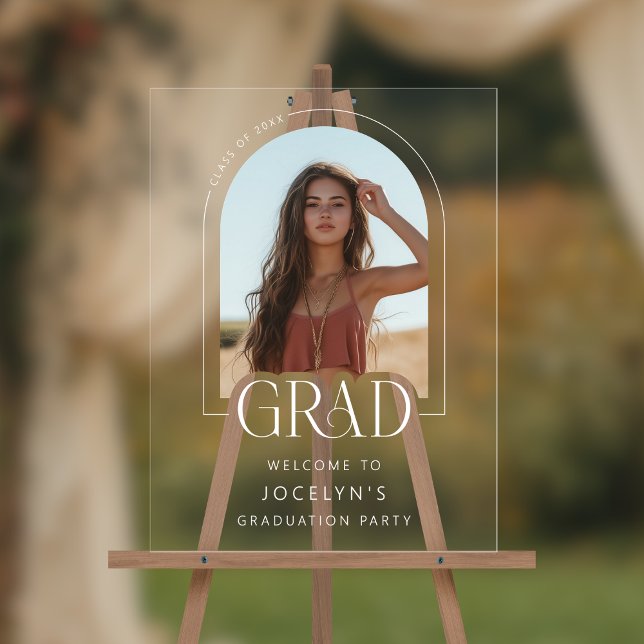 Modern Minimalist Photo Graduation Party Welcome Acrylic Sign (Shown on a 12" x 18" )