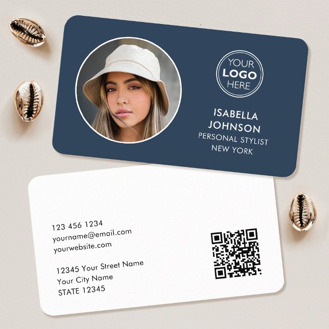 Modern Minimalist Photo Logo QR Code Slate Blue Business Card (Creator Uploaded)