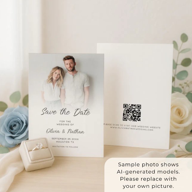 Modern Minimalist Photo Overlay QR Code Wedding Save The Date (Creator Uploaded)