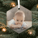 Modern Minimalist Photo Overlay White Text Hexagon Glass Tree Decoration<br><div class="desc">Celebrate the simple joys of the holidays with a custom photo hexagon-shaped glass ornament. Picture and all text on this template are easy to customise to include any wording, such as Merry Christmas, My First Xmas, Best Friends, kids & family names, etc. (IMAGE PLACEMENT TIP: An easy way to centre...</div>
