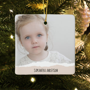 Modern Minimalist Photo & Perosnalized Text Pink Ceramic Ornament