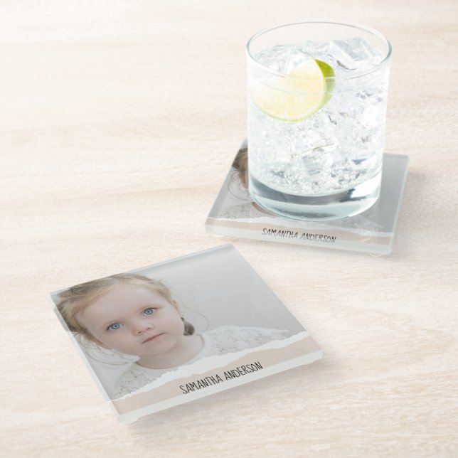 Modern Minimalist Photo & Perosnalized Text Pink Glass Coaster (Angled)