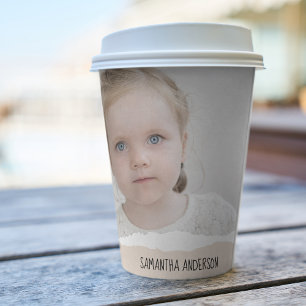 Modern Minimalist Photo & Perosnalized Text Pink Paper Cups