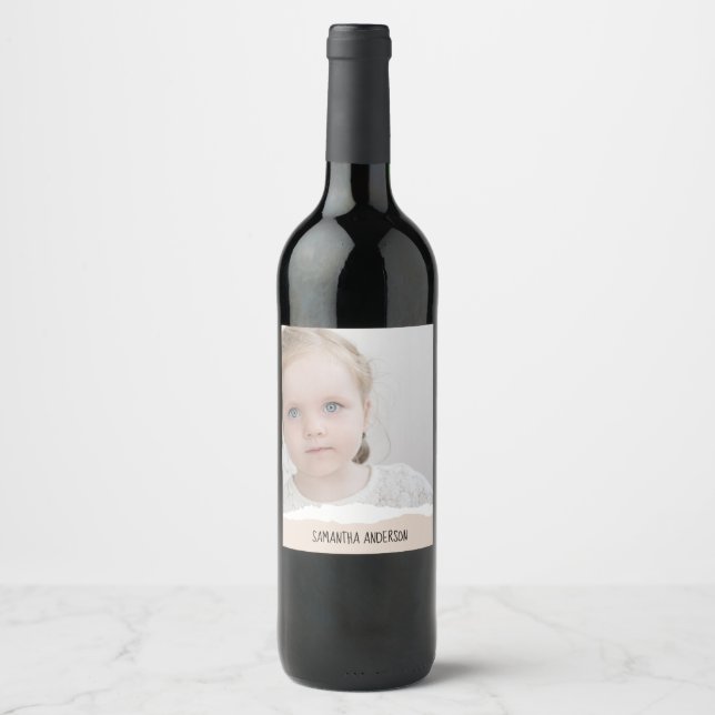 Modern Minimalist Photo & Perosnalized Text Pink Wine Label (Front)