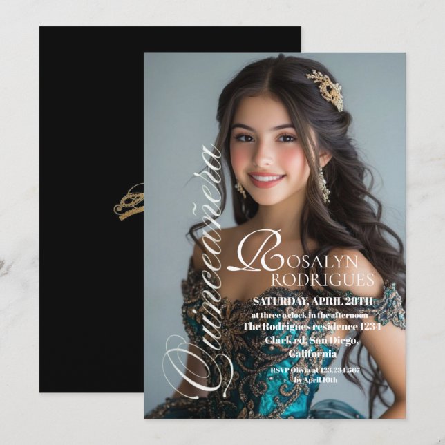 Modern & Minimalist Photo Quinceanera Gold White  Invitation (Front/Back)