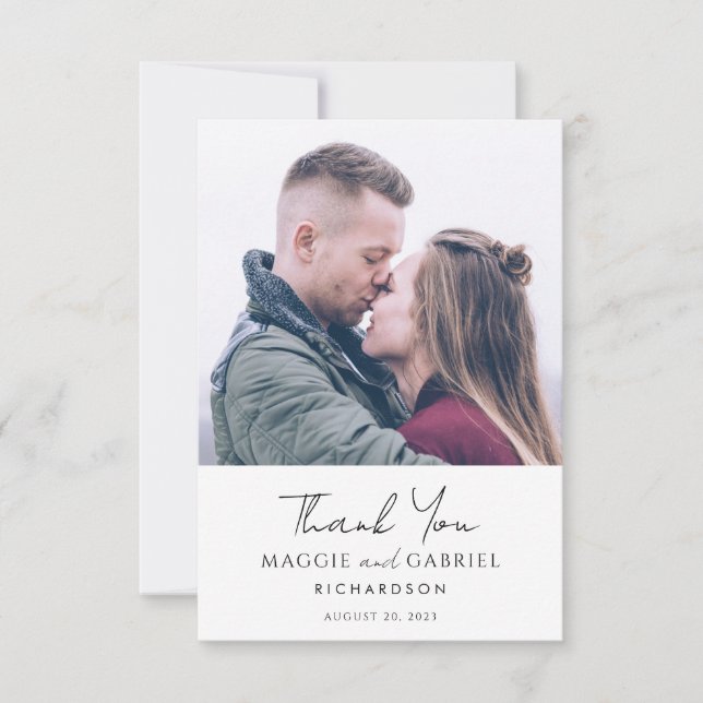 Modern Minimalist Photo Script Serif Wedding Thank You Card (Front)