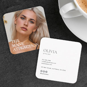 Modern Minimalist Photo & Socials Hair Stylist Square Business Card
