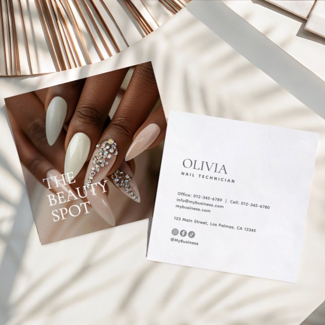 Modern Minimalist Photo & Socials Nail Technician Square Business Card (Creator Uploaded)