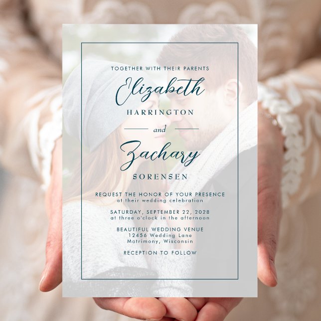 Modern Minimalist Photo Teal Script Wedding Invitation (Creator Uploaded)
