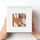Modern Minimalist Photo Wedding Bold Monogram Square Sticker<br><div class="desc">Modern minimalist wedding design is all about simplicity and elegance. It emphasizes clean lines, neutral palettes, and a focus on the essentials. This design in trendy burnt orange colour uses minimalist style typography with customisable couple photos and bold monograms. Whether you're planning an intimate ceremony or a large reception, modern...</div>