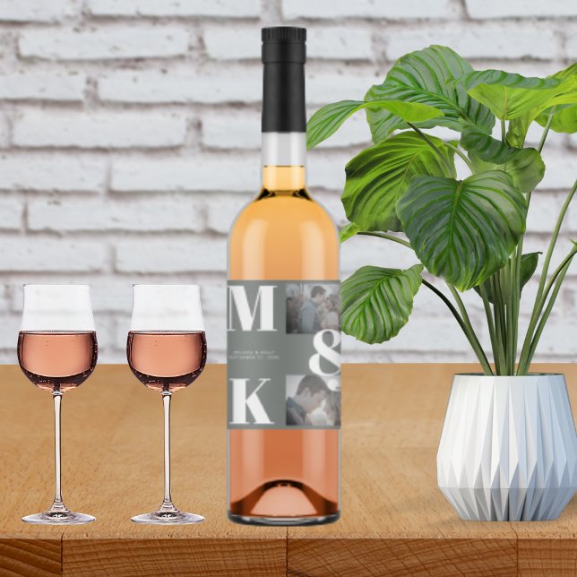 Modern Minimalist Photo Wedding Bold Monogram Wine Label (Creator Uploaded)