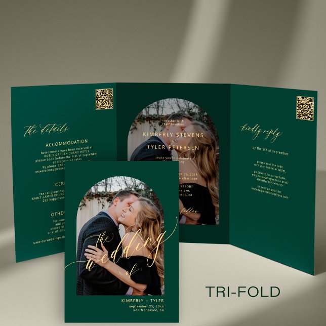 Modern minimalist photo wedding rsvp details green Tri-Fold invitation (Creator Uploaded)
