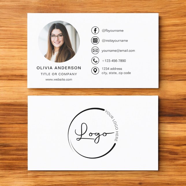 Modern Minimalist Photo with Social Media Icons Business Card (Creator Uploaded)