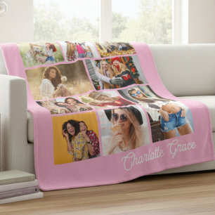 Modern Minimalist Pink 10 Photo Collage With Name Fleece Blanket