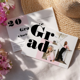 Modern minimalist pink 2 photos graduation invitation