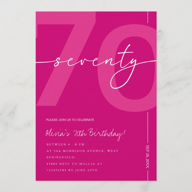 Modern Minimalist Pink 70th Birthday Party Invitation (Front)