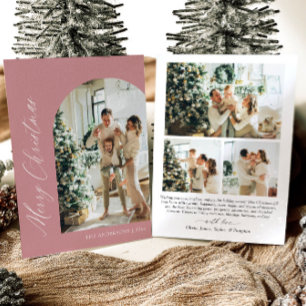 Modern Minimalist Pink Arch Photo Merry Christmas Holiday Card