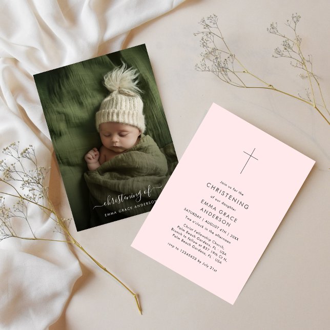 Modern Minimalist Pink Baby Girl Christening Photo Invitation (Creator Uploaded)