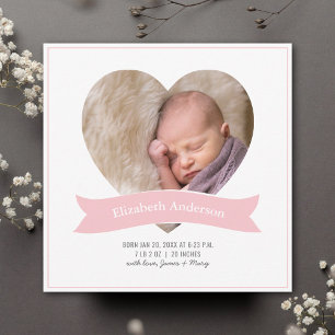 Modern Minimalist Pink Baby Girl Photo Birth Announcement