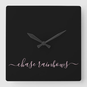 Modern Minimalist Pink & Black CHASE RAINBOWS Square Wall Clock