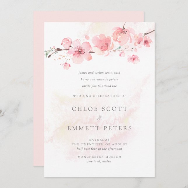 Modern Minimalist Pink Cherry Blossom Wedding Invitation (Front/Back)