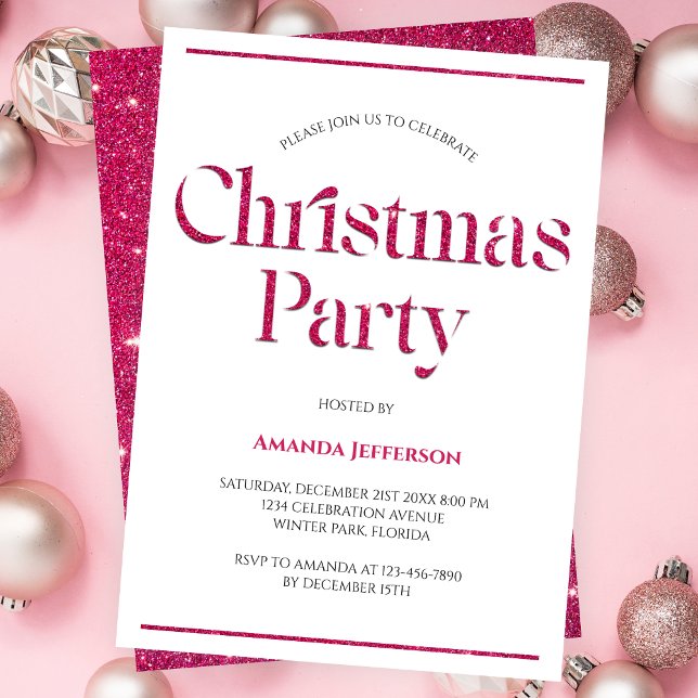 Modern Minimalist Pink Glitter Christmas Party Invitation (Creator Uploaded)