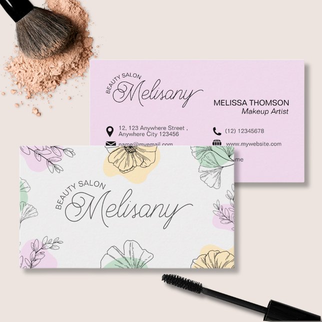 Modern Minimalist Pink Gold Green Floral Line Art Business Card (Creator Uploaded)