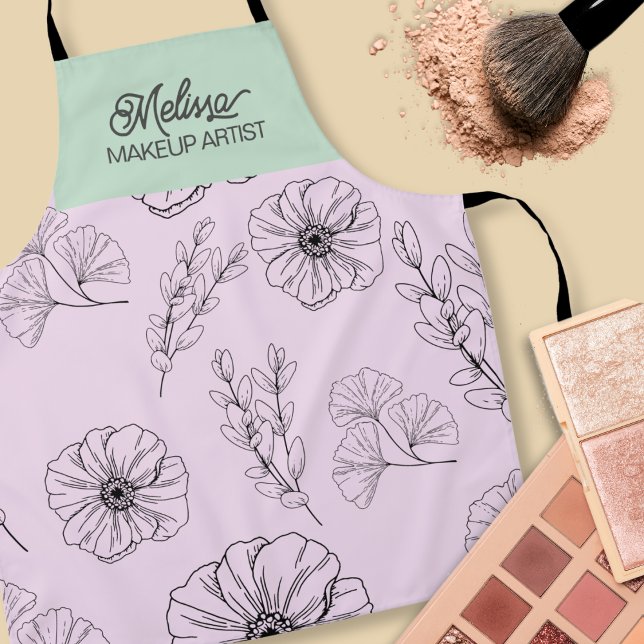 Modern Minimalist Pink Green Floral Line Pattern Apron (Creator Uploaded)